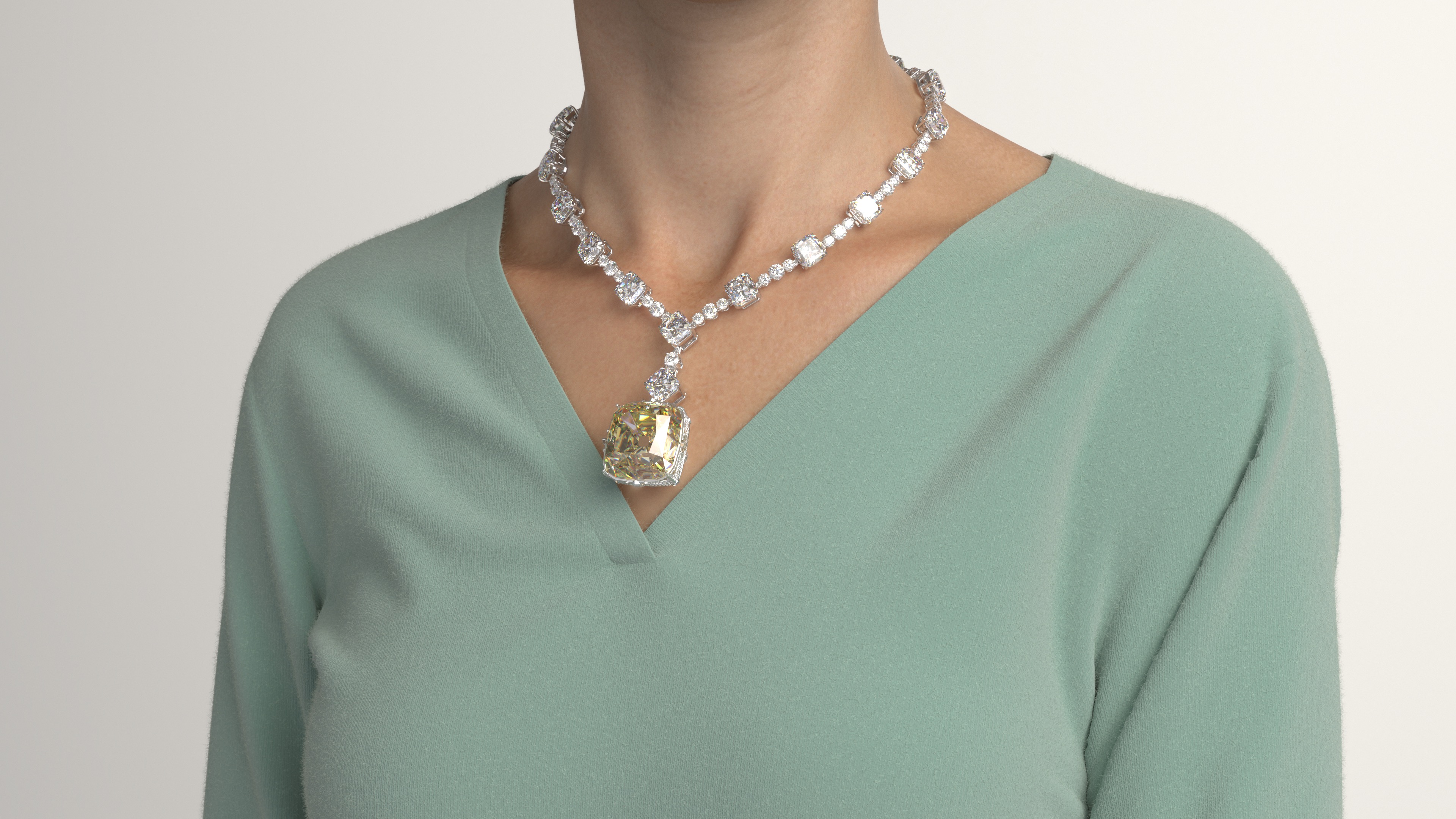 Digital Asset of the Tiffany Diamond on a person in a necklace setting by YAP Studios
