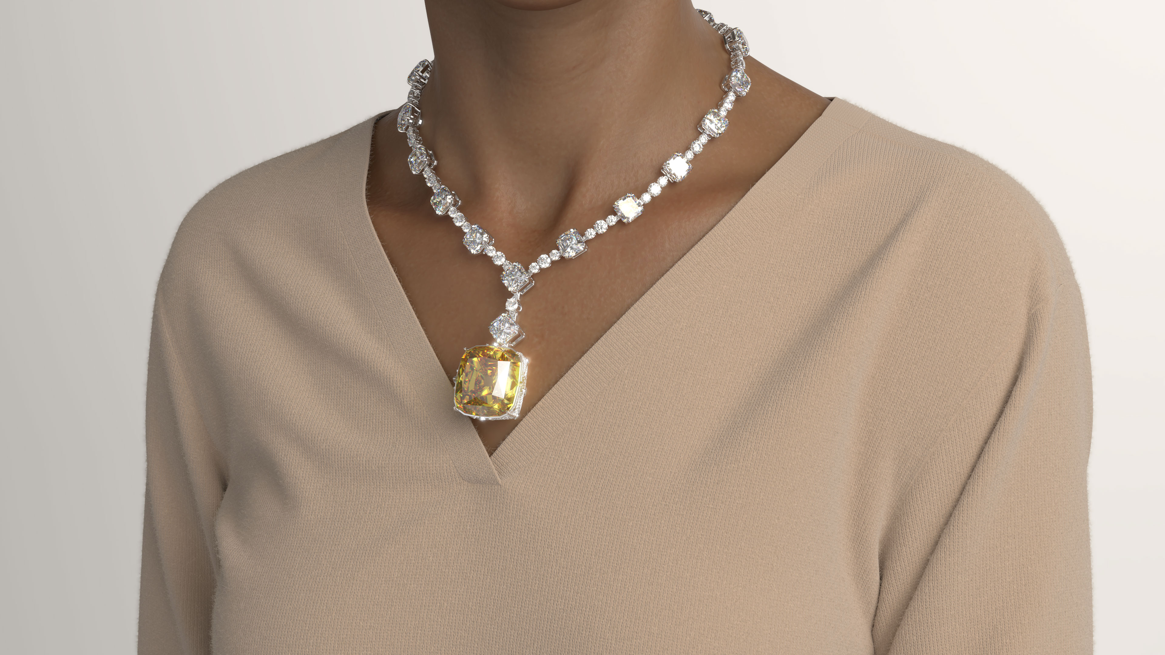 Digital Asset of the Tiffany Diamond on a person in a necklace setting by YAP Studios